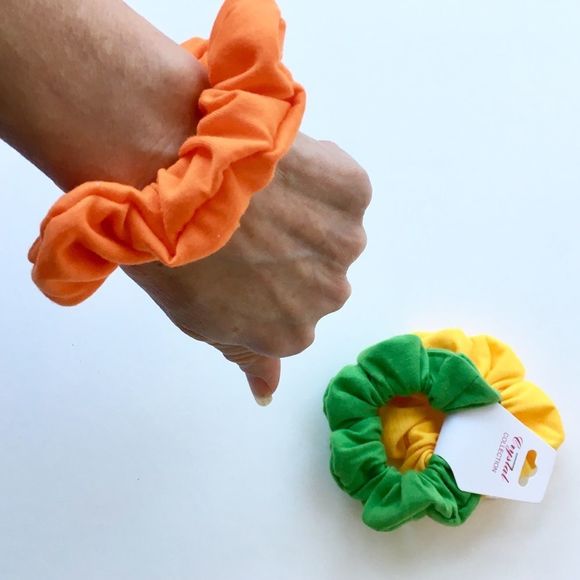Set of 3 Fabric Scrunchies Yellow Green Orange NWT - Picture 2 of 5